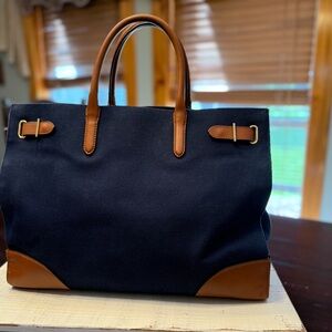 Ralph Lauren Navy and Tan Tote Bag with leather handles and bottom
